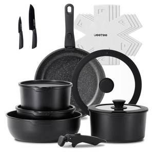 lot 6591 image: JEETEE Pots and Pans Set Non Stick 17pcs, Kitchen Cookware Sets with Detachable Handle, Induction Nonstick Cookware Set with Removable Handle, Stackable RV Cookware, Oven Safe, PFASPFOA Free, Black