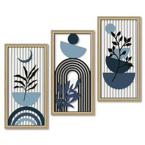 lot 6615 image: Putuo Decor Boho Abstract Wall Art, Set of 3, Modern Botanical Wooden Wall Decor, Blue Mid-Century Minimalist Framed Artwork for Living Room Bedroom, Office