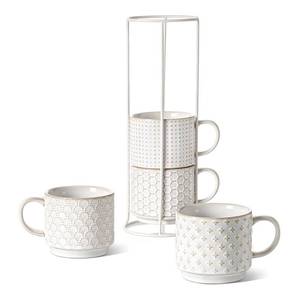 lot 6619 image: LE TAUCI Stackable Coffee Mugs Set with Stand, Ceramic Embossment Coffee Cups for Au Lait, Cappuccino,Latte,Cafe,Mocha,Tea, Suit For Housewarming Wedding - 12 oz, Set of 4,Arctic white