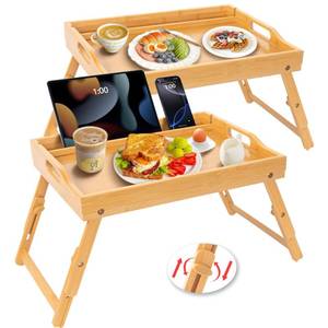 lot 6689 image: Greenual 2 Pack Bed Tray Table with Handles Folding Legs, Bamboo Breakfast Food Tray with Media Slot, Use As Platter, Laptop Desk, Snack, TV Tray Kitchen Serving Tray(Natural)