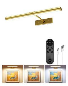 lot 6702 image: EZVALO Picture Light for Wall, 4800mAh Rechargeable Wireless Remote, 13in Dimmable Magnetic LED Art Display Light with 3 Color Temperatures, for Gallery, Living Room, Bedroom, Hallway (Gold)