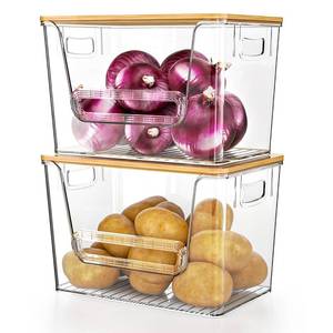 lot 6711 image: Delamu 2 Set Pantry Organizers and Storage, Trash Bag Holder Under Sink Organizer for 4-13 Gal Bags, Trash Bag Dispenser with Bamboo Top for Onion, Potato, Garlic, Clear (11-732L7 W7-18H)