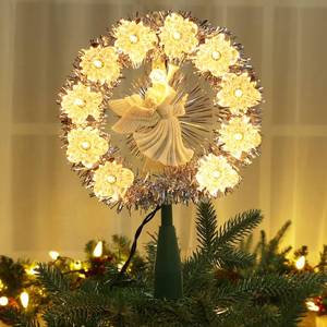 lot 6714 image: Brizled Christmas Tree Topper, 8 Lighted Angel Tree Topper with 11 Count Lights, Siver Tinsel Wreath Tree Toppers, Warm Lighted Angel Tree Topper with 10 Flowers, Plug in Treetop for Christmas Tree