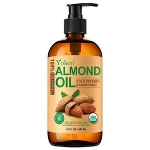lot 6716 image: Yoken Organic Almond Oil 16 fl oz, USDA 100% Pure Cold Pressed Almond Oils in Glass Bottle, Natural Moisturizer for Face, Hair & Body, Ideal Carrier Oil for Skin Care, DIY Beauty & Soothing Massage