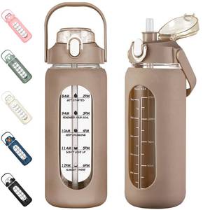 lot 6731 image: kytffu 56oz Glass Water Bottles with Straw, Motivational Glass Bottle with Silicone Sleeve and Time Marker, Leakproof Large Glass Water Jug for Gym Home Office,Amber