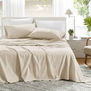lot 6740 image: Comfort Spaces 100% Cotton Sheets Queen, Breathable & Ultra Soft Cotton Sheets, Naturally Cool Cotton Bed Sheets with 14 Elastic Pocket Fits up to 16 Mattress, All Seasons Sheet Set, Cream 4 Piece