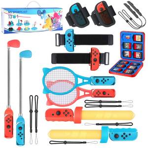 lot 6746 image: Switch Sports Accessories Bundle - 13 in 1 Family Pack with Tennis Rackets, Adjustable Golf Clubs, Chambara Swords, Soccer Leg Straps, Wrist Band, Joycon Strap, Game Case for Switch & OLED
