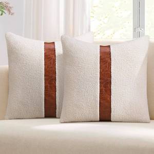 lot 6758 image: cygnus Teddy Boucle Decorative Throw Pillow Covers 18x18 Inch Faux Leather Striped Contrast Accent Fluffy Faux Fur Sherpa Pillowcase Neutral Boho Farmhouse Decor for Couch Bed Living Room,Cream 2PCS
