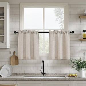 lot 6760 image: DUKIYO Semi Sheer Kitchen 24 Inch Curtains for Windows Flax Linen Elegant Boho Farmhouse Drapes Short 2 Panels Set Light Filtering Tan Beige Cafe Curtains for Bathroom Laundry RV Rod Pocket W25xL24