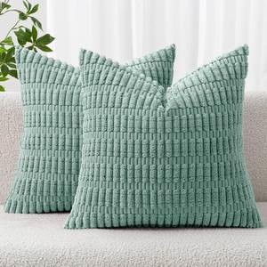 lot 6779 image: MIULEE Pack of 2 Corduroy Decorative Throw Pillow Covers 18x18 Inch Soft Boho Striped Pillow Covers Modern Farmhouse Home Decor for Summer Sofa Living Room Couch Bed Teal Green