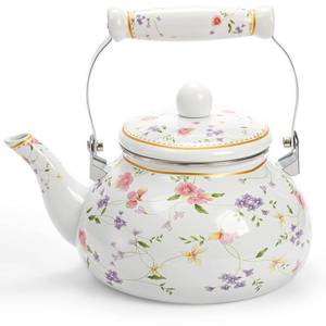 lot 6789 image: Jucoan Vintage Enamel Tea Kettle, 2.6 Quart Floral Enamel Water Kettle Teapot with Porcelain Handle for Stovetop Home Kitchen Camping, Housewarming Wedding Bridal Shower Thanksgiving Christmas Gift