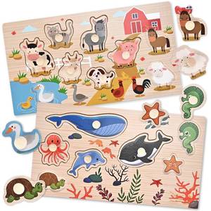 lot 6822 image: WoodTrove Wooden Peg Puzzles for Toddlers 1-3, 2 Pcs Montessori Puzzles, Animal & Sea Themes Puzzles, Great Preschool Educational Learning Gifts for Girls and Boys