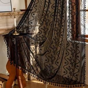lot 6840 image: WAZZIO Whimsigoth Gothic Lace Curtains 63 Length - Dark Academia Black Sheer Privacy Drapes with Tassel Floral Lacy, Rod Pocket Window Panels for Halloween Bedroom D�cor (Set of 2, W52 xL63)