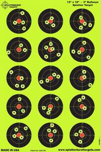 lot 6853 image: Splatterburst Targets - 12 x18 inch - 3 inch Bullseye Splatter Target - Easily See Your Shots Burst Bright Fluorescent Yellow Upon Impact - Made in The USA (10 Pack)
