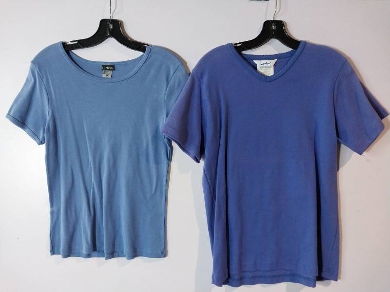 lot 67233 image: APPEARS NEW - Silver Hanes and Landau Womens T-Shirts, Light Blue & Blue (Size Medium) 2 Pack