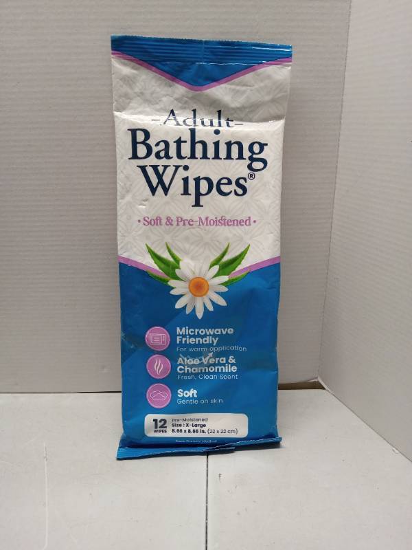 lot 65248 image: FACTORY SEALED - Luxury Rinse Free No Alcohol Shower Wipes for Elderly  Bedridden & Adults,9  x 9, No Hassle, (12 Count), Aloe Vera & Chamomile, X-Large (Expiration 7-25-26)