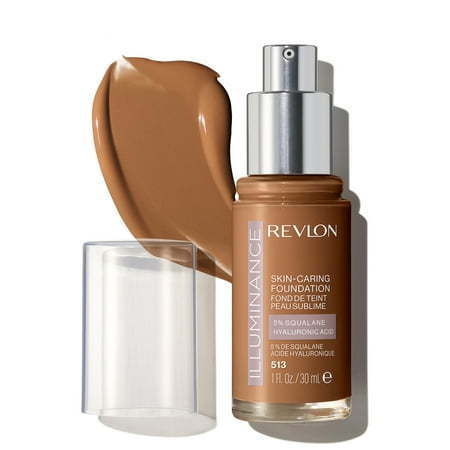 lot 63813 image: FACTORY SEALED - Revlon Illuminance Skin-Caring Liquid Foundation  Hyaluronic Acid  Hydrating and Nourishing Formula with Medium Coverage  513 Brown Suede  1 fl oz.