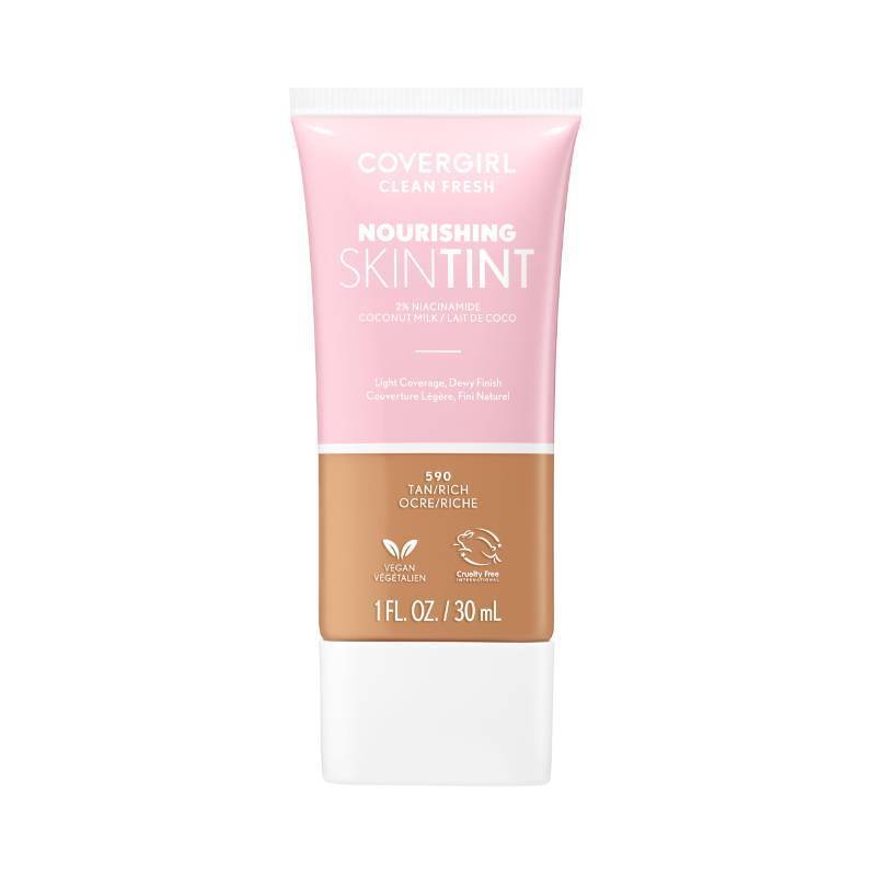 lot 63844 image: APPEARS NEW - COVERGIRL Clean Fresh Nourishing Skin Tint, 590 TanRich, Liquid Foundation, Dewy Finish, Infused with Coconut & Aloe, Vegan Formula