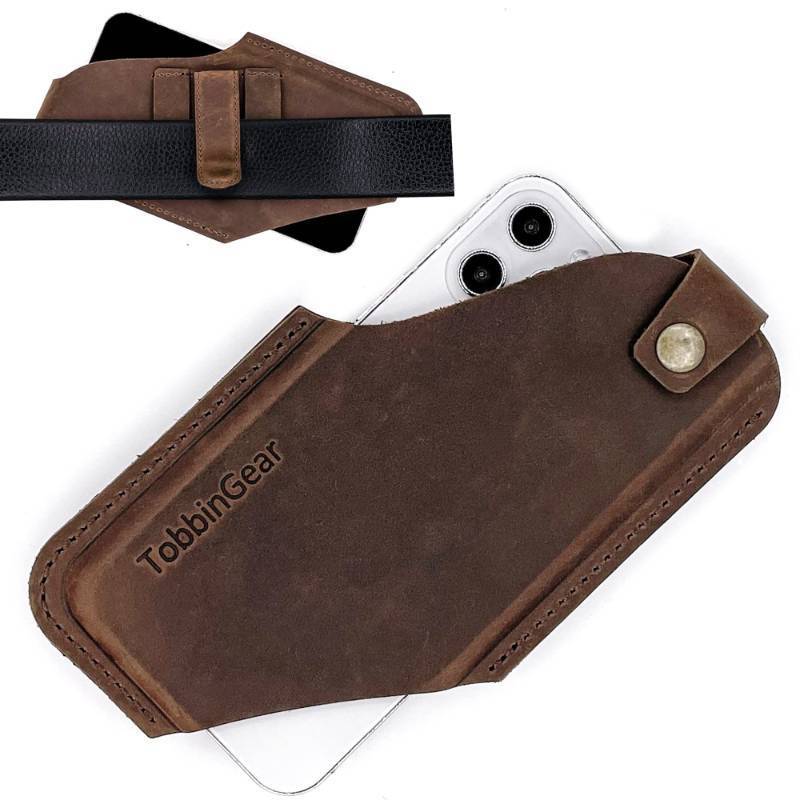 lot 30036 image: TobbinGear Leather Cell Phone Holster with Belt Clip, Leather Belt Pouch, Universal Phone Case on Belt for Men, Phone Holder for Smartphone, Right Handed, Dark Brown, Medium - Retail $16