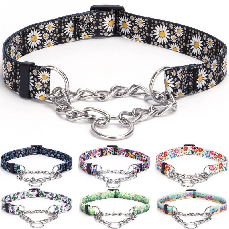 lot 30037 image: Bbmmayy Martingale Collar, Training Dog Collar, Stainless Steel Chain Pet Collar for No Pull Dog Walking Flowers Design Large Medium Small Dogs (L, Daisy) - Retail $10