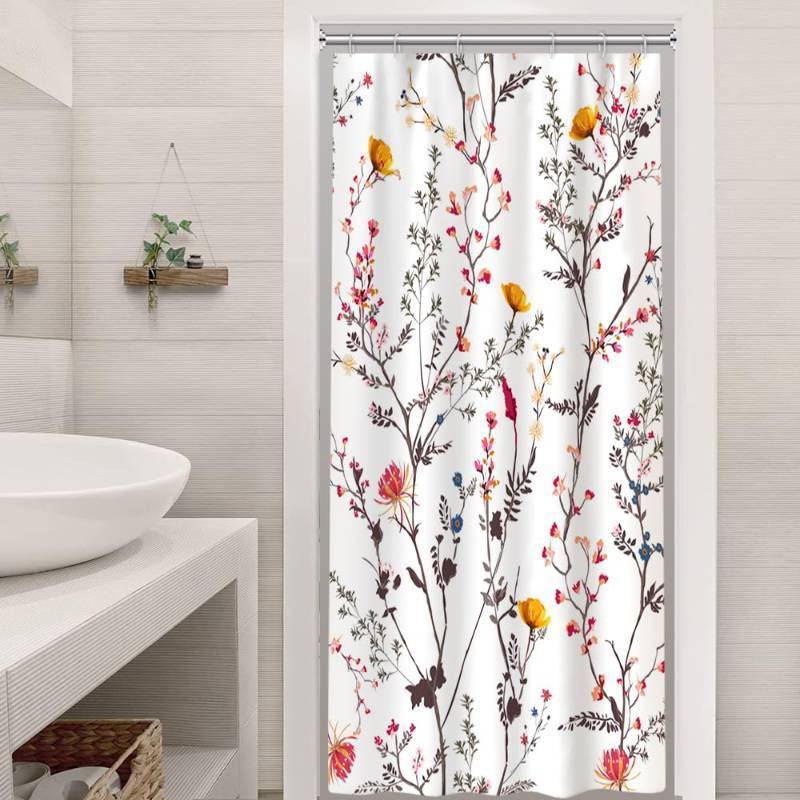 lot 30039 image: Ruelvth Stall Shower Curtain, Spring Pink and Yellow Floral Shower Curtain Set Waterproof Fabric Small Bathroom Curtain with 6 Hooks, 36x72 Inch - Retail $14