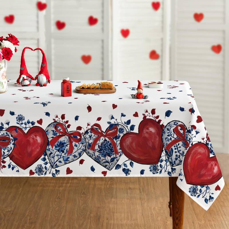 lot 30054 image: Horaldaily Valentine Tablecloth 52x70 Inch Rectangular, Romantic Blue and White Porcelain Pattern Red Heart Bows FloralWashable Festive Table Cover for Party Picnic Dinner Decor