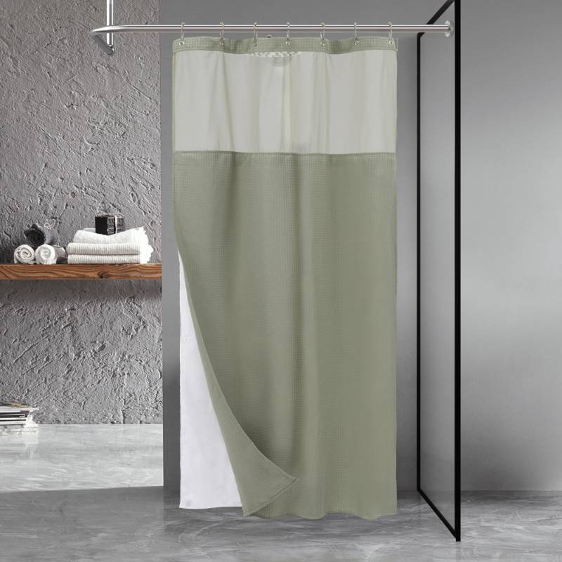 lot 30070 image: N&Y HOME Stall Waffle Weave Shower Curtain with Snap-in Fabric Liner & Hooks Set - 36 x 72 Small Shower Stall Size, Hotel Style & Mesh Top Window, Machine Washable - 36x72, Sage Green - Retail $22