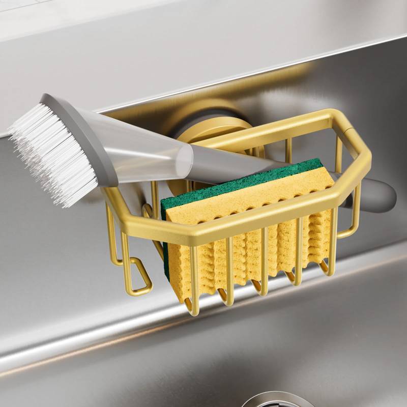 lot 48887 image: TAILI Sponge Holder for Kitchen Sink with Strong Suction Cup Removable, Rustproof Aluminum Sink Caddy for Sponge, Brush, Scrubber, Scraper -White - Retail $18