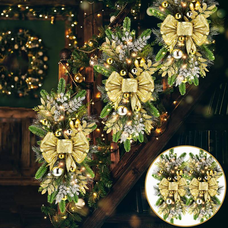 lot 48898 image: Lyrow 4 Pack Christmas Artificial Swags 24 Xmas The Cordless Prelit Stairway Swag Teardrop Trim Wreath Door Stair Garland Christmas Decoration for Outdoor Home Garden Decor(Gold,Rustic Style) - Retail $55