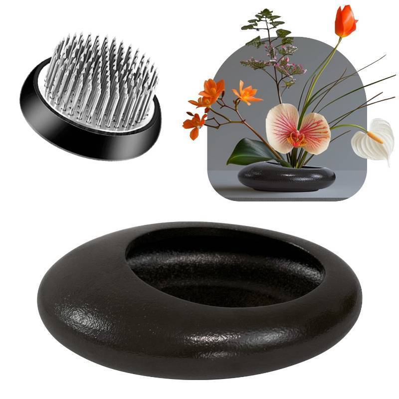 lot 55267 image: Flower Frog Vase Kit, Ikebana Flower Arrangement, Ceramic Water Drop Flower Pot & Flower Frog, Flower Arrangement Vase Kit (Dark Brown Small Size) - Retail $17