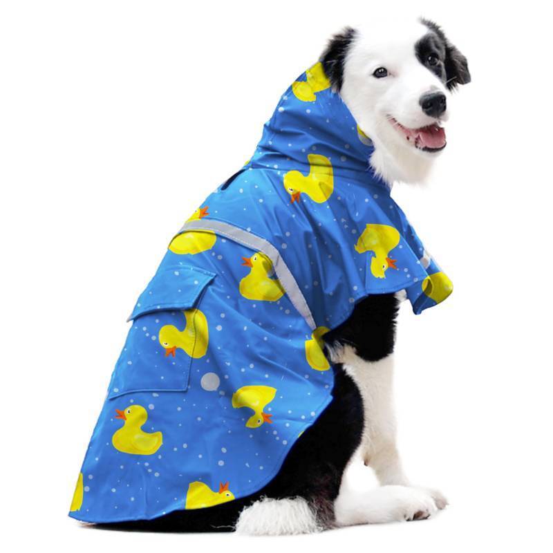 lot 55269 image: DELIFUR Large Dog Raincoat- Waterproof Dog Rain Poncho Adjustable Double Layer Rain Jacket with Hood for Medium Large Dogs Designed with Leash Hole Reflective Strip and Ducks (Blue Duck, XX-Large) - Retail $22