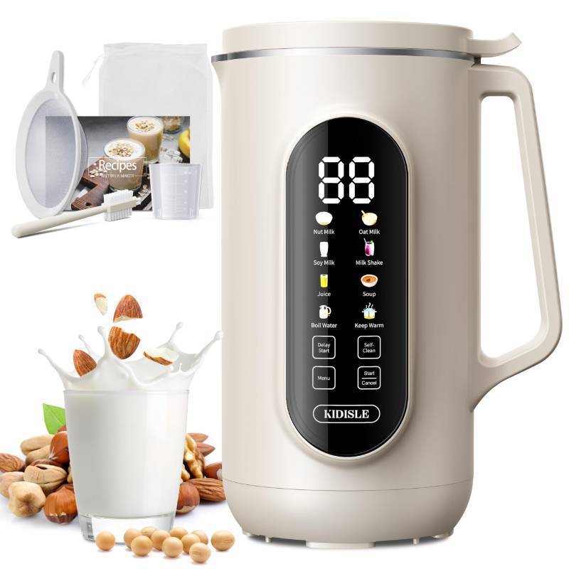 lot 55276 image: KIDISLE 10-in-1 Nut Milk Maker Machine, 35oz Plant-Based Milk & Soup Machine with 12H Delay Start, Self-Clean, Keep Warm Soy, Oat, Almond & More, Cream - Retail $66