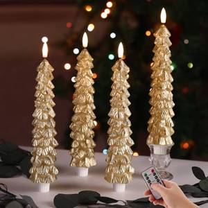 lot 21279 image: Eywamage Gold Christmas Tree Candles with Remote, Real Wax Flickering Flameless LED Taper Candles Set of 4 - Retail $25