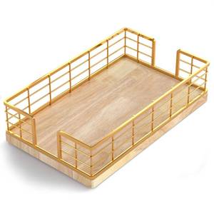 lot 21281 image: Wican Guest Towel Holder Tray for Bathroom, Oak and Iron Napkins Holder for Powder Room Dinning Table Wooden Basket for Disposable Paper Hand Towels Gold and Oak - Retail $20