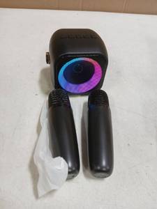 lot 21284 image: Mini Karaoke Machine, Portable Bluetooth Karaoke Speaker with 2 Wireless Microphones and Party Lights for Kids and Adults, Birthday Gifts for Girls Boys Family Home Party - Retail $22