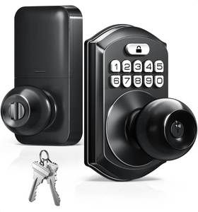 lot 26378 image: TEEHO TE003 Keyless Entry Keypad Door Lock with Handle, Electronic Digital Smart Locks for Front Door, Smart Door Knob with Code for Bedroom, Auto Lock, Passage Mode, Easy to Install, Matte Black - Retail $50