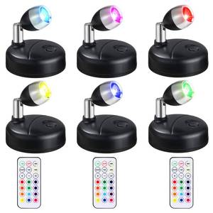 lot 26390 image: Hortsun 6 Pieces Battery Operated Spotlights Indoor LED Wireless Spotlight Indoor 13 Color up Lights with Rotatable Light Head Stick on Wall Hallway for Painting Picture Artwork Closet (Black) - Retail $40