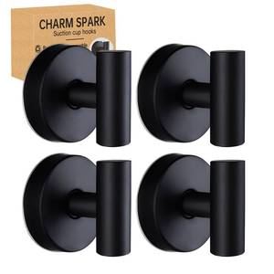 lot 26395 image: Charm Spark Suction Cup Hooks Bathroom Shower, Stainless Steel Removable and Reusable for Hanging Towels, Coats, Bathrobes, No Drilling Needed, Doesnt Hurt Walls Black 4(Pack) - Retail $19