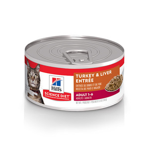 lot 32573 image: Hills Science Diet Adult Turkey & Liver Entr&eacutee Canned Cat Food, 5.5 oz, 24-pack - Retail $43