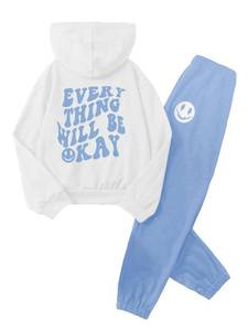 lot 32598 image: SOLY HUX Girls Sweatsuit 2 Piece Outfits Casual Graphic Long Sleeve Hoodies Sweatshirts and Sweatpants Set Fall Clothes Blue and White 9 Years - Retail $30