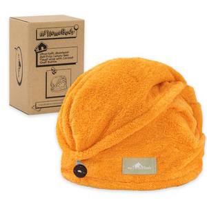 lot 32599 image: myHomeBody Hair Towel Wrap, Luxury Quick Drying Turban, Ultra Soft Absorbent Charcoal Fiber Cap, with Coconut Shell Button Mango - Retail $10