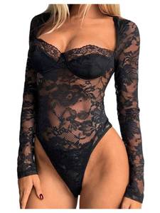 lot 32603 image: SweatyRocks Womens Sheer Lace Long Sleeve Underwire Bodysuit Corset Tops Skinny Leotard Black Small