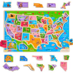 lot 40317 image: Montessori Mama USA Map Wooden Puzzle, Puzzles for Kids Ages 4-6 Educational Toys for 4 Year Old Kids Puzzles Ages 5-8 Landmarks, Animals, Capitols and States - Retail $20
