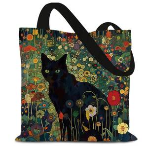 lot 40319 image: LZYRF Black Cat Floral Tote Bag, Cat Lover Mom Lady Gifts Canvas Tote Bags for Women, Whimsical Black Kitten Botanical Reusable Grocery Shopping Bag - Retail $10