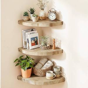 lot 49149 image: BrightRow Corner Floating Shelves for Wall Set of 3, Solid Wood 7 Inch Rounded Corner Shelves Wall Mounted Natural Solid Elm Wood Shelf, Wooden Hanging Shelf for Bedroom, Rustic Style for Decor - Retail $29
