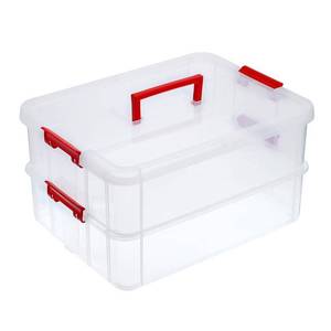 lot 49168 image: JUXYES 2-Tiers Stack Carry Storage Box With Handle, Transparent Stackable Storage Bin With Handle Lid Latching Storage Container for School & Office Supplies (Red) - Retail $26