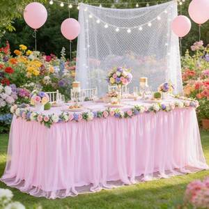 lot 49175 image: Little Funny Light Pink Tablecloth for 6 Foot Rectangle Table, Baby Pink Tulle Tutu Tables Skirt Party Table Cover 6ft Baby Shower Banquet Dessert Wedding Pink Tables Cloths Ruffle Bridal Shower - Retail $27