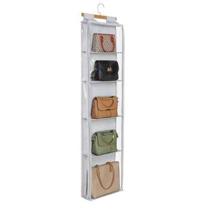 lot 49176 image: Syeeiex Hanging Handbag Purse Organizer with Zippers, 5 Mesh Shelves,Clear Slubbed FabricPVC Hanging Closet Bag Organizer, Dustproof Handbag Closet Tote Storage Bag for Door, Wardrobe, Shelf Rack - Retail $30
