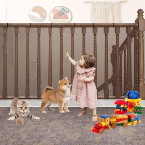 lot 49181 image: Balcony Safety Net for Kids Banister Guard-13ft x 3ft Child Safety Net, Balcony Mesh Screen for Pets, Dogs, Cats, Toys - Stair Railing Baby Proof (Brown) - Retail $24