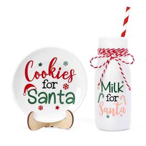 lot 49183 image: Nefelibata Cookies for Santa Plate Milk Jar Set, Christmas Tiered Tray Decor, Ceramics Xmas Treat Plate Home Kitchen Dining Table Decor Holiday Housewarming Gift - Retail $26